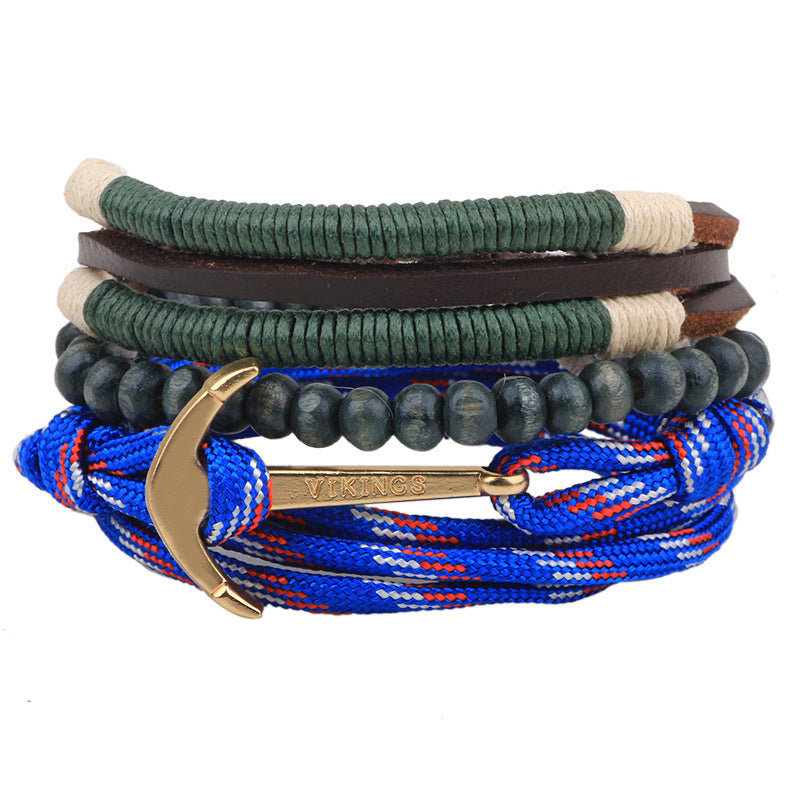 Unisex Leather Bracelet Sets Braided Cowhide Bracelet With Wooden Beads Alloy Leafy Accessories Woven Bracelet