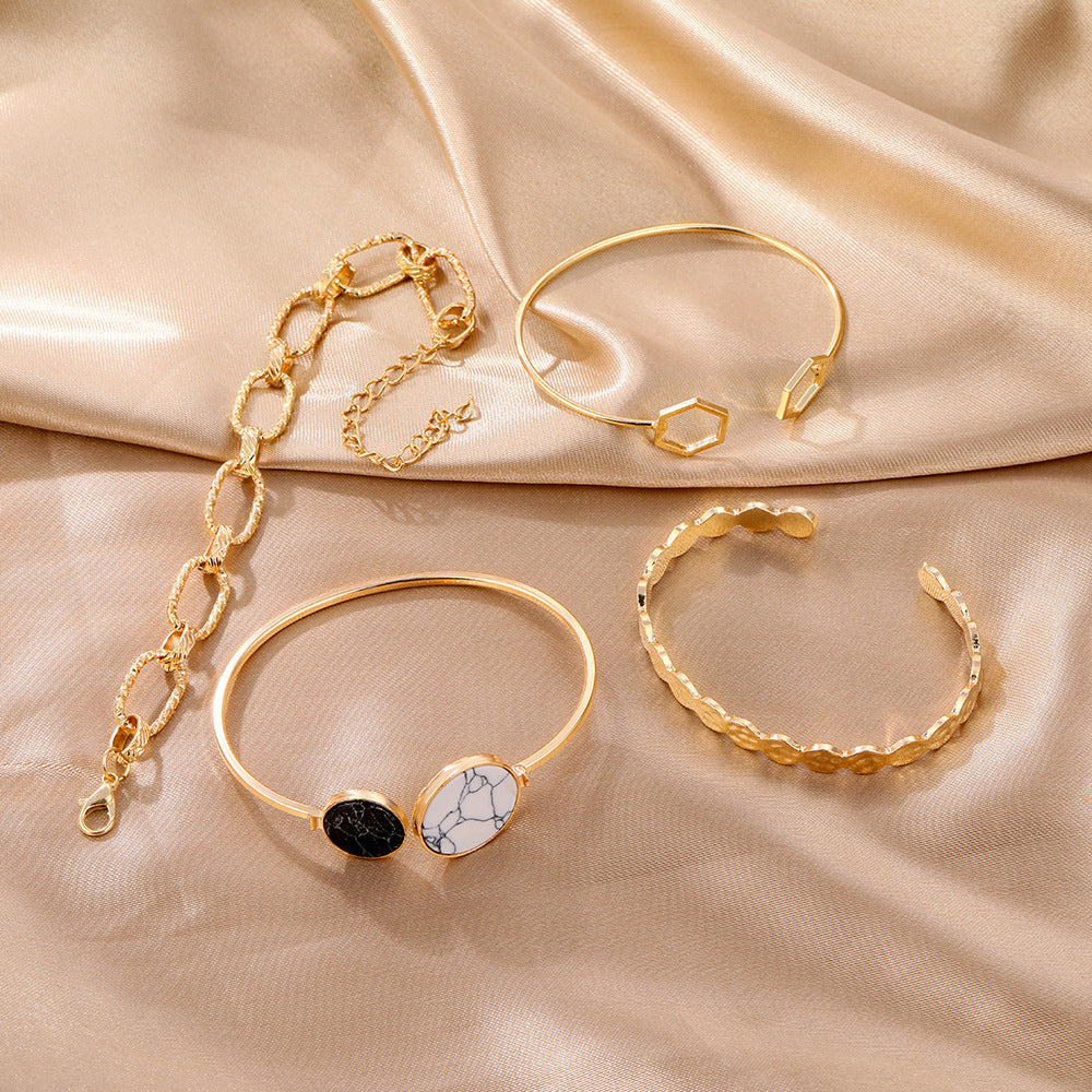 Women Gold Plated Bracelet Set Geometric Marble Design Artificial Gems Alloy Jewelry 4 Piece Individually Packed