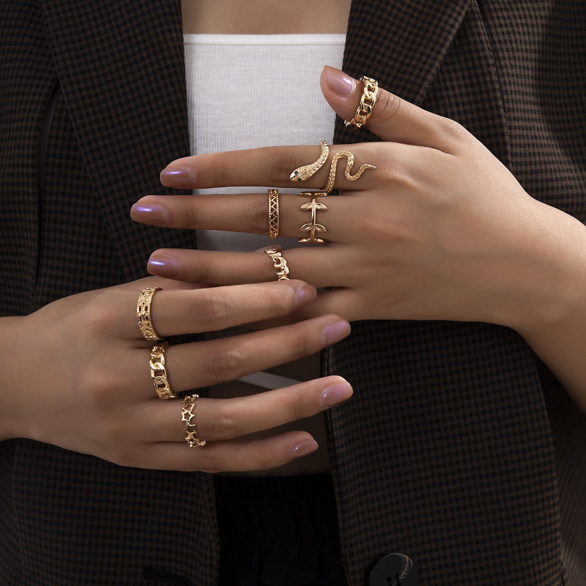 Womens Multilayer Snake Ring Set Hollow Geometric Alloy Rings Electroplated Finish Fashionable Individually Packed