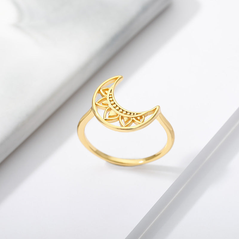 Moon Ring Gold Plated Copper Hollow Petal Design Unisex Statement Ring European American Fashion Jewelry 17mm