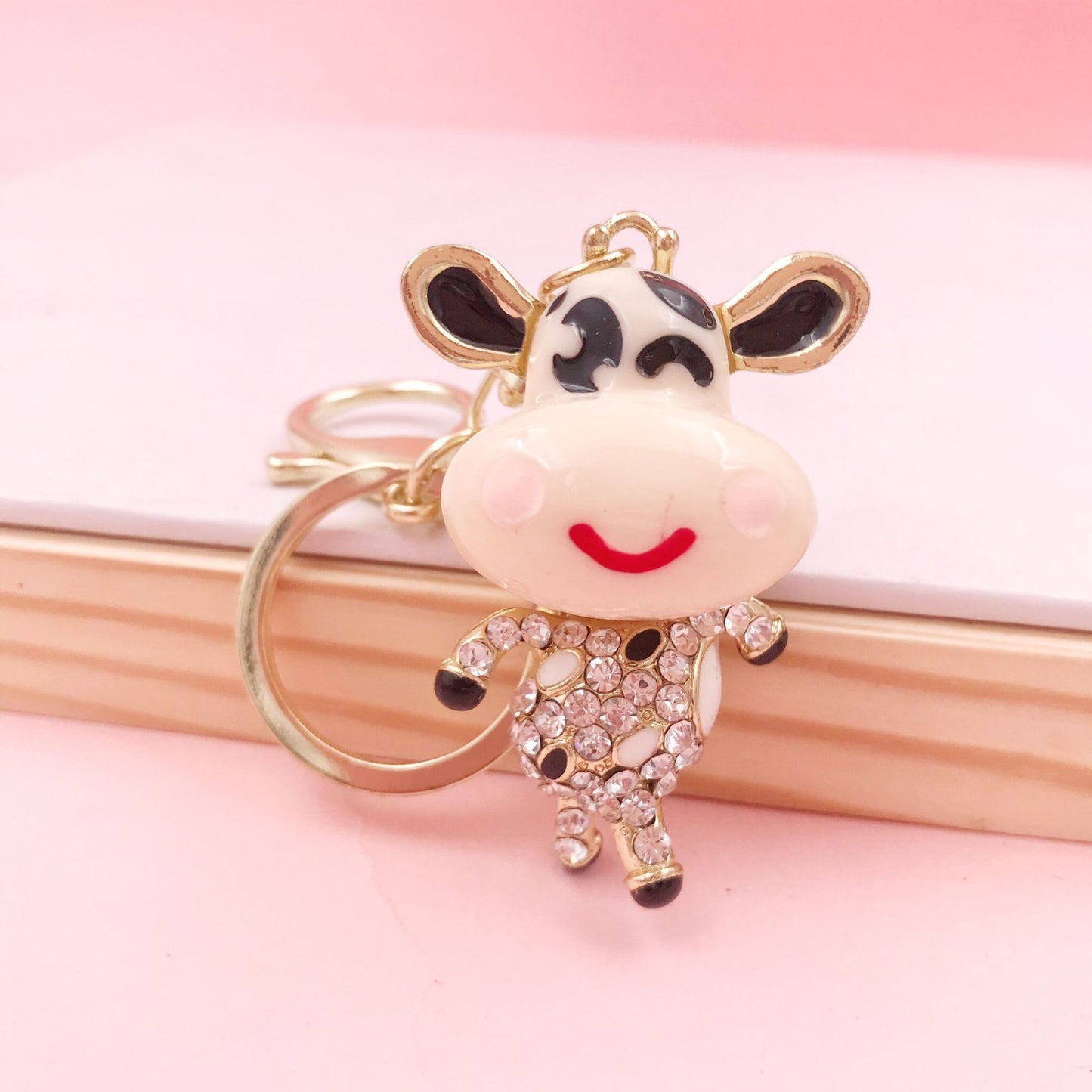 Creative Cow Rhinestone Keychain With Smile Pendant Metal Car Key Ring Decorative Accessory For Keys Gift For Daily Use