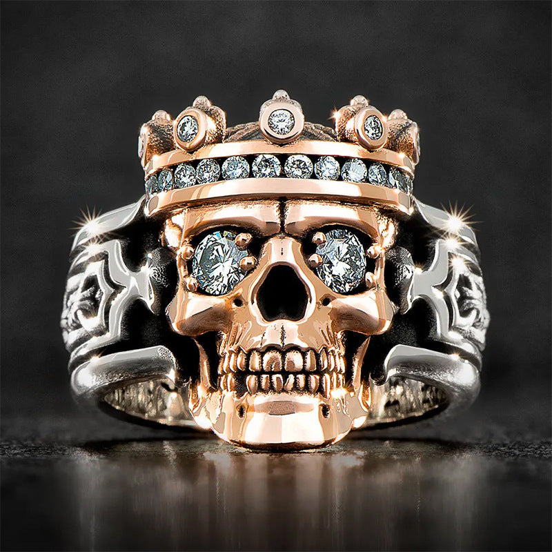 Mens Crown Skull Ring Geometric Alloy With Artificial Gemstones European American Fashion Ring Stylish Jewelry