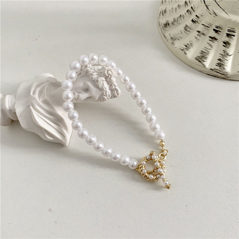 Womens Baroque Pearl Bracelet Geometric Alloy Bangle