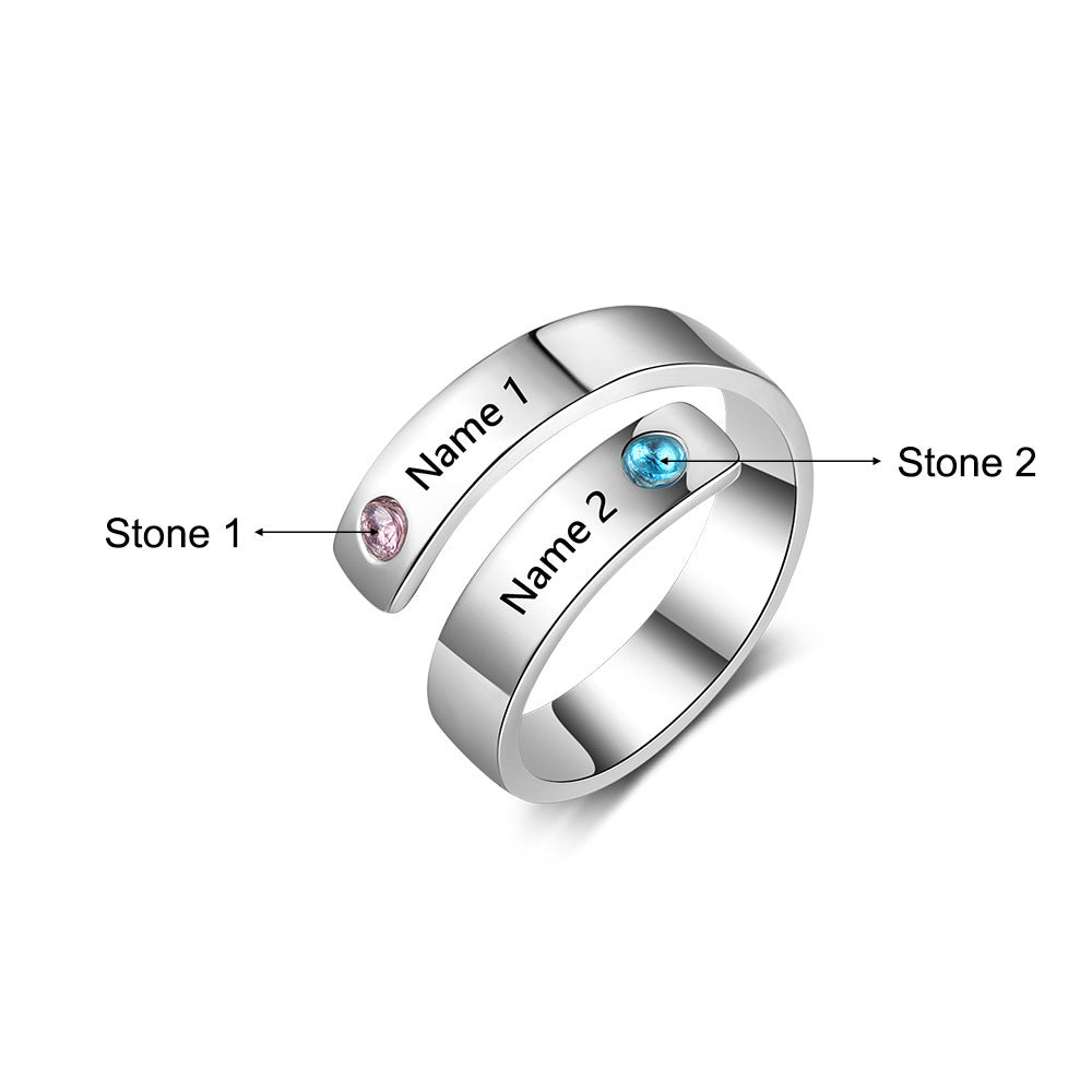 Stainless Steel Name Ring With Birthstone Adjustable Opening Engraved For Women Personalized Jewelry Gift Idea