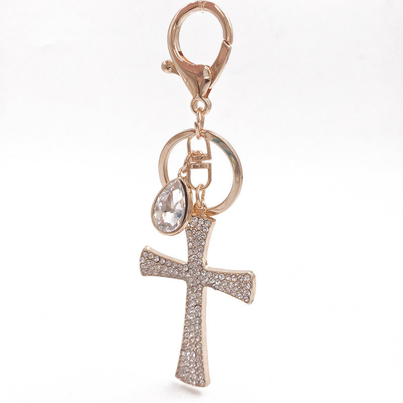 Unisex Cross Keychain Metal Pendant Water Drop Diamond Design Keyring Car Decoration Accessory Religious Gift Cross