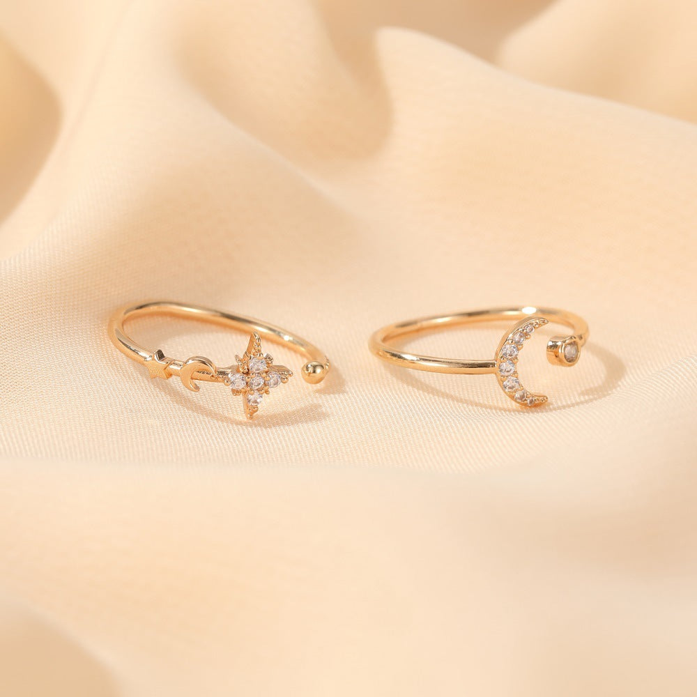 Womens Adjustable Star Ring And Moon Ring Copper Inlay With Artificial Gem And Semi Precious Gemstone Glow Art
