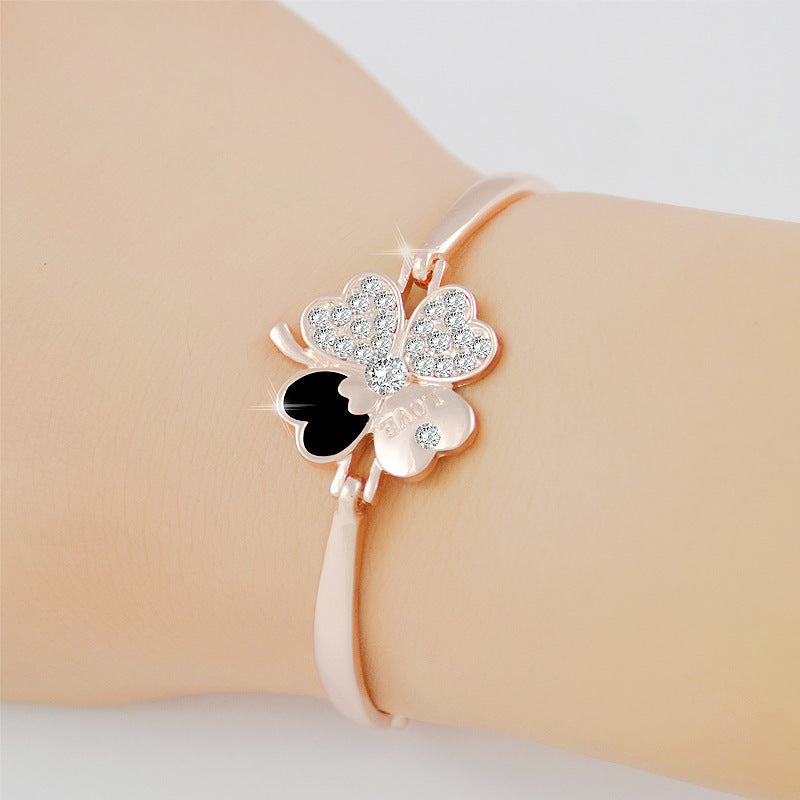 Rose Gold Four Leaf Clover Bracelet For Women Crystal Jewelry Layered Fashion Accessory With Simple Style Chic