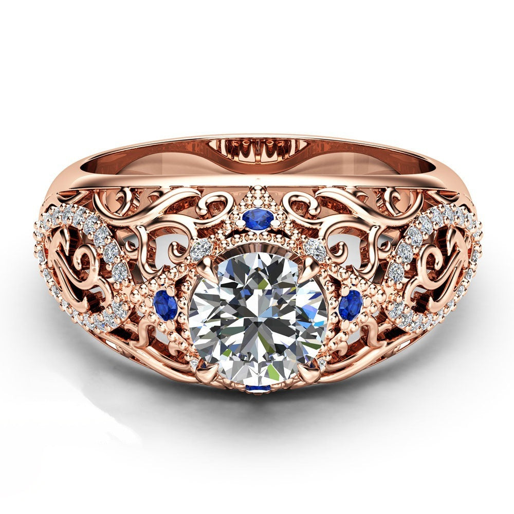 Womens Rose Gold Plated Ring Hollow Flower Design Inlaid Blue Zircon Gemstone Luxury Elegant Fashion Jewelry Gift