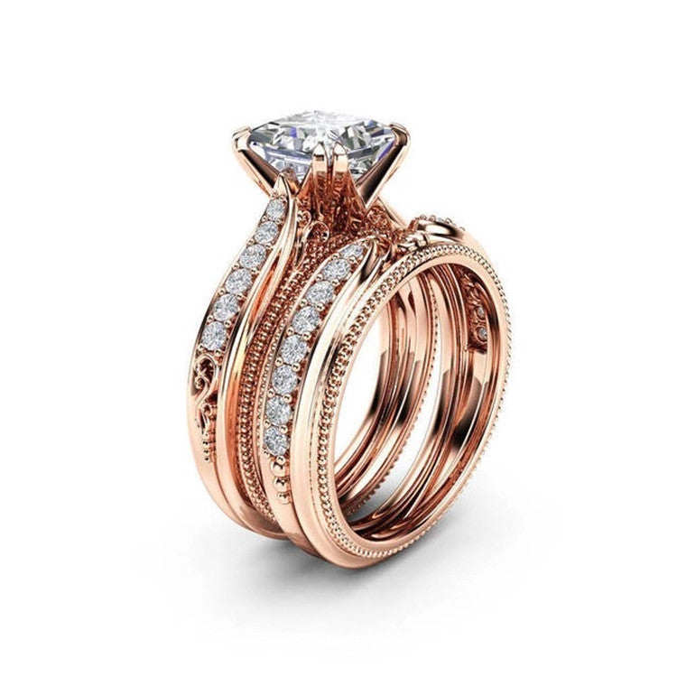 Rose Gold Retro Inlaid Zircon Ring Geometric Vintage Coppery Jewelry Gift For Her Sizes 6 7 8 9 10 For Vintage