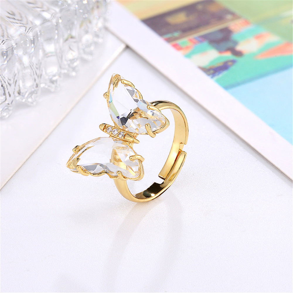 Butterfly Ring Adjustable Gold Plated Zircon Crystal Copper Inlaid Elegant Fashion Jewelry Gift For Her Always
