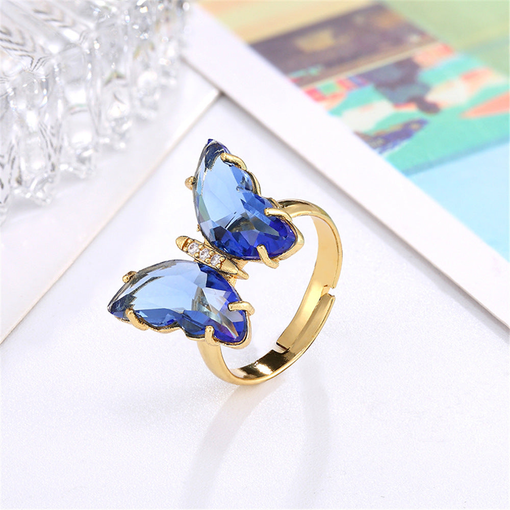 Butterfly Ring Adjustable Gold Plated Zircon Crystal Copper Inlaid Elegant Fashion Jewelry Gift For Her Always