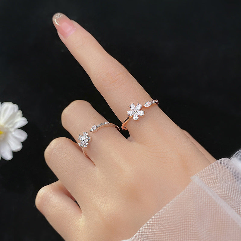 Womens Silver Ring With Diamond Five Petal Flower Design