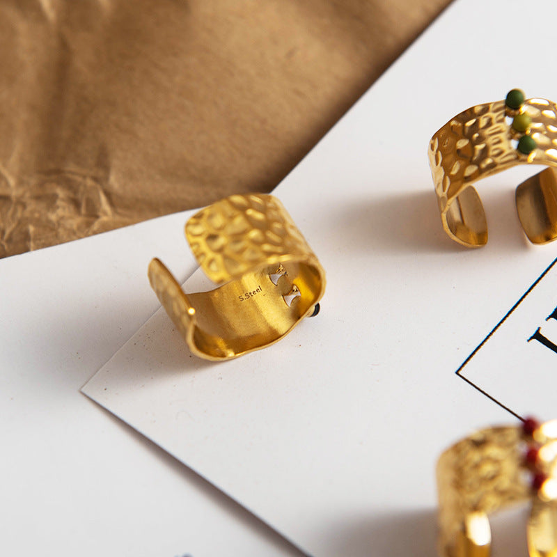 Womens Stainless Steel Ring With Geometric Design 18K Gold Plated Titanium Steel Ring Retro European American