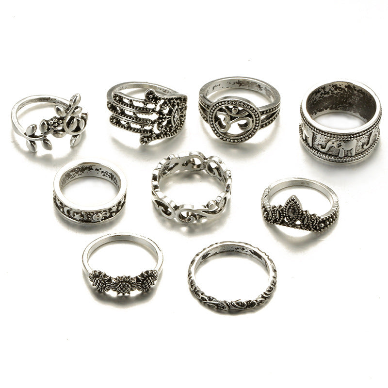 Vintage Bohemian Knuckle Ring Set 9 Pcs Hollow Carved Stackable Rings Elephant Palm Crown Alloy Fashion Styles Couture