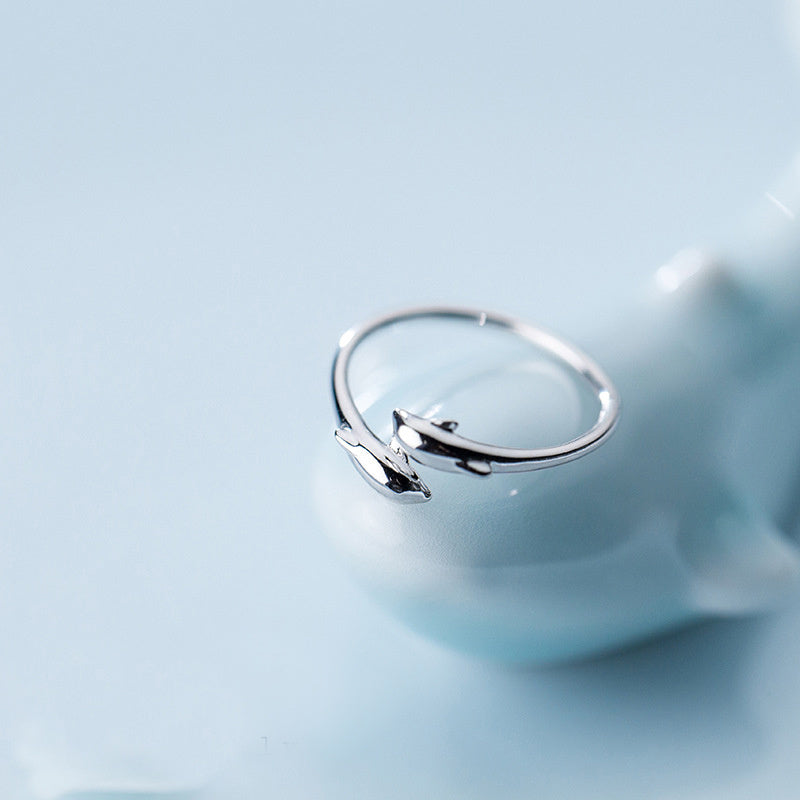 Dolphin Ring For Women Girls Open Adjustable Sterling Silver Animal Tail Band Jewelry Gift Fashion Silver Ring