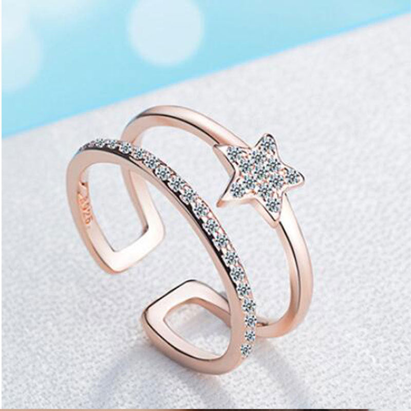 Heart Star Ring Diamond Accented Double Layer Adjustable Korean Fashion Jewelry Gift Adjustable Fashion Korean