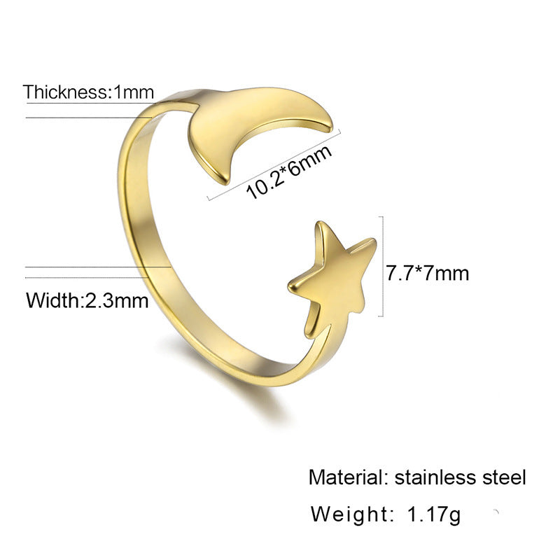 Stainless Steel Star Moon Ring Adjustable Open Band Unisex Hollow Design Ring Individually Packed Individually
