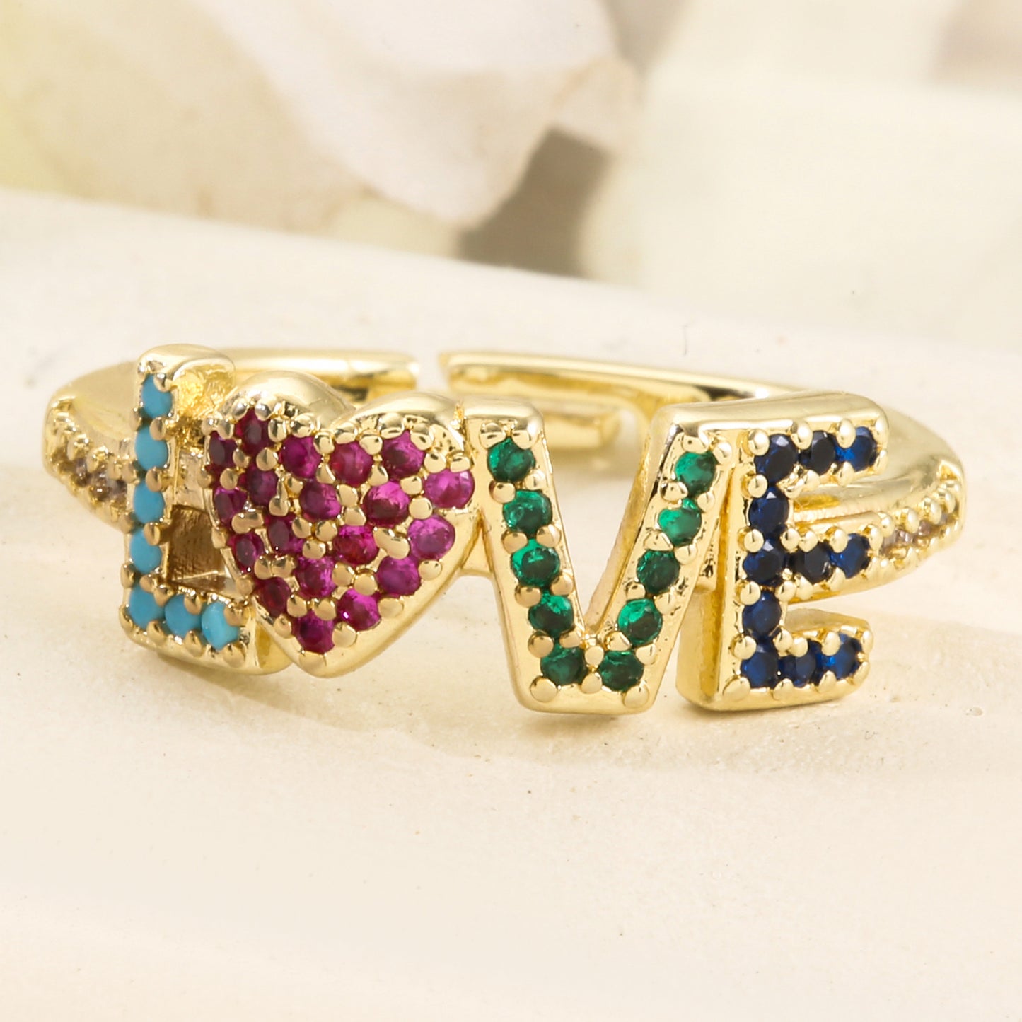 Womens Adjustable Copper Ring With Diamond Cut Gold Plated Inlaid Artificial Gems Individually Packed Jewelry