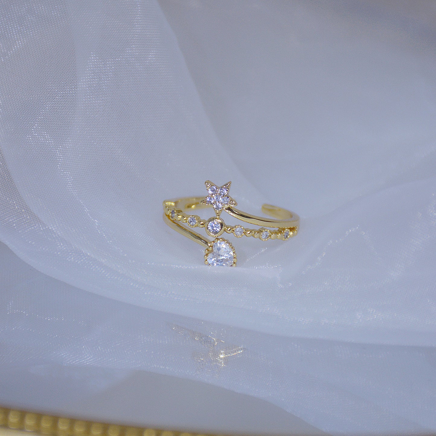 Gold Plated Heart Shaped Ring With Gem Inlay And Diamond Accent Open Ring For Birthday Gift For Her Dream Gift