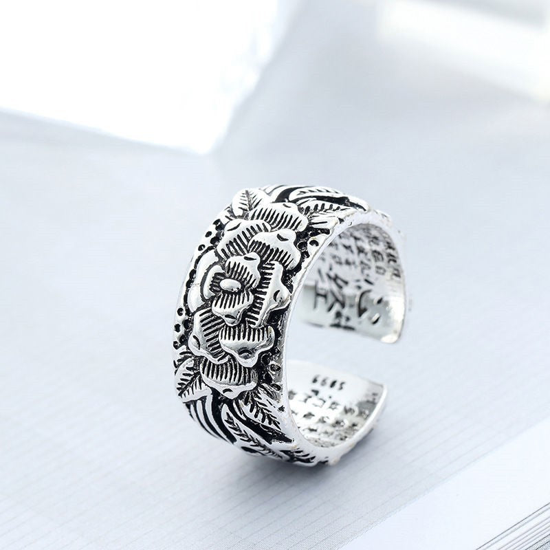 Men's Dragon Ring Trendy Student Ring Domineering Retro Hip Hop Ring and an Open Adjustable Design with Ruby Skull Red Demon Eyeball or Lotus Heart Sutra Accents