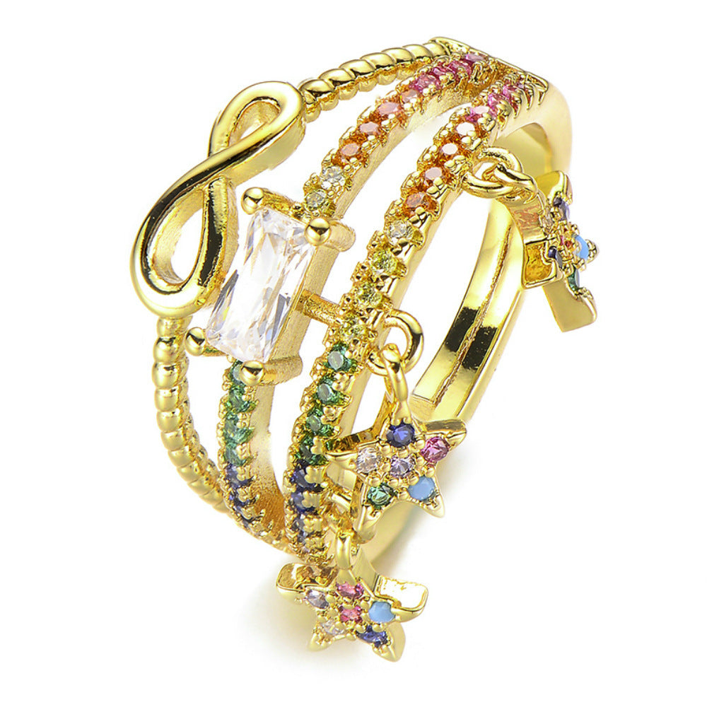 Copper Gold Plated Zircon Ring For Women Adjustable European American Style Fashion Jewelry Gift Micro Inlaid