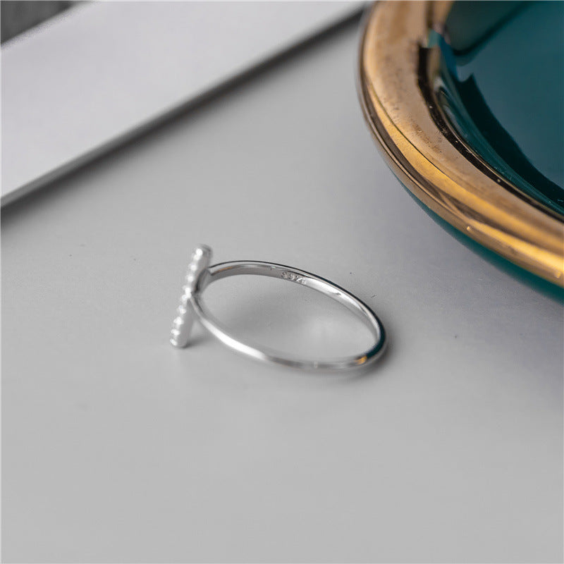 Sterling Silver S925 Diamond T Shaped Open Ring Polka Dot For Women Simple Modern Band Elegant Everyday Styles