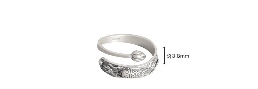 S925 Silver Ring With Lotus And Carp Design Ethnic Vintage Open Ring For Men And Women Handcrafted Silver Tone