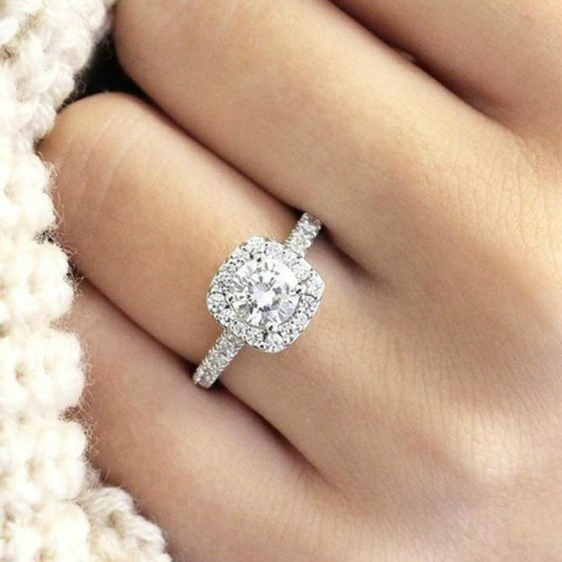 Womens Alloy Geometric Diamond Encrusted Engagement Ring White Gold Tone Fashion Jewelry Gift For Women Trendy