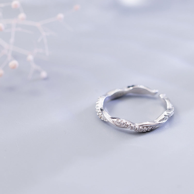 Sterling Silver Twisted Ring Korean Style Adjustable Opening Diamond Accent Temperament Twist IndexFinger Ring