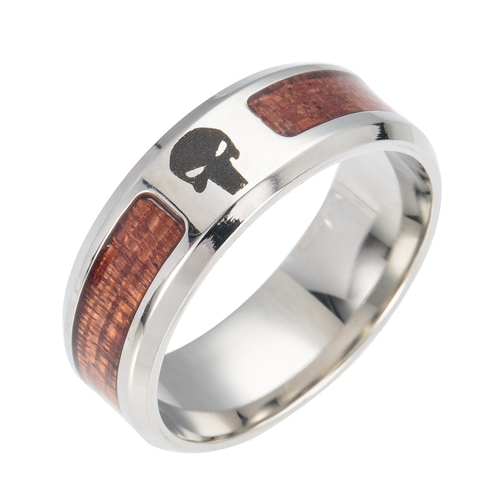 Unisex Stainless Steel Ring Wood Inlay Tree Of Life Cross Skull Freemason Design Half Circle Gift Travel Bonus
