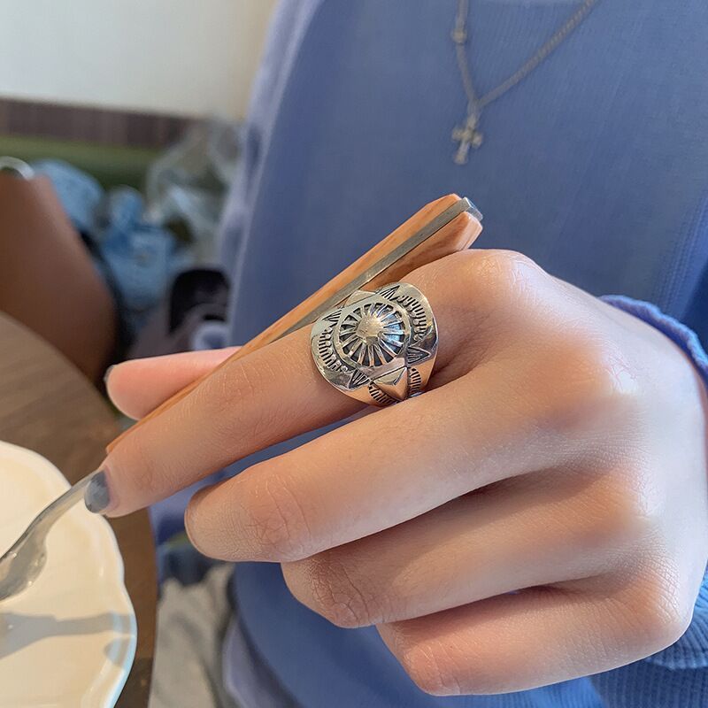 Womens Sterling Silver Ring Vintage Geometric Adjustable Open Band Jewelry Travel Souvenir Gift For Daily Wear