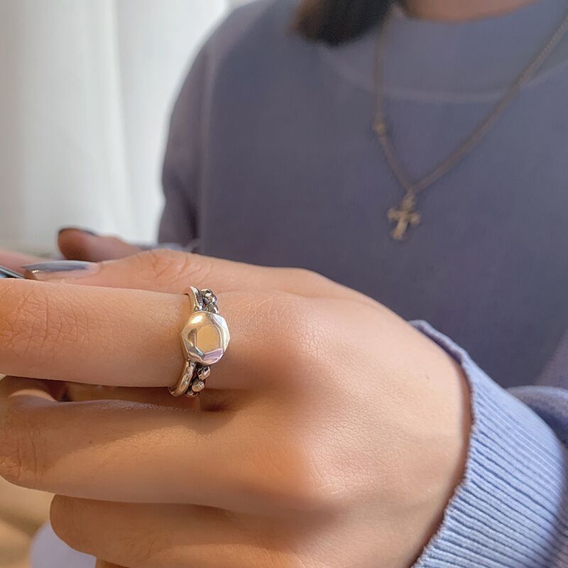 Womens Sterling Silver Ring Vintage Geometric Adjustable Open Band Jewelry Travel Souvenir Gift For Daily Wear