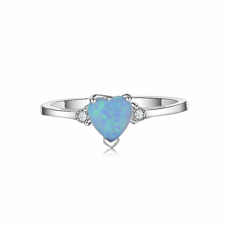 Heart Shaped Ring Blue Waves Opal Stone Inlaid Simulated Diamond Auspicious Auspicious Opal Stone Ring Diamond