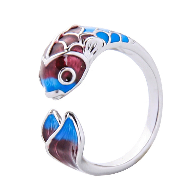 Womens Vintage Koi Fish Ring Adjustable Copper Ring Chinese Dragon Gate Design Auspicious Gift White Gold Color