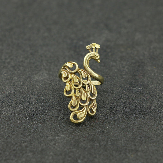 Copper Ladies Ring Retro Opening Peacock Open Screen Brass Jewelry Chinese Style Ornamental Fish Insects Birds Beasts