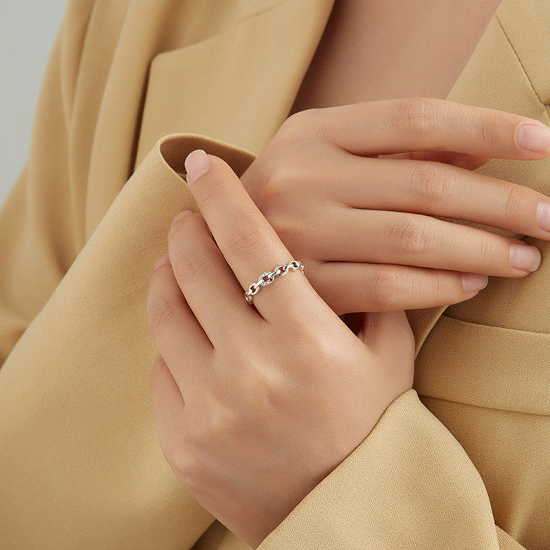 Silver Geometric Ring With White Zircon Diamond Gem Open Retro Chain For Her Personalized Fashion Jewelry Gift