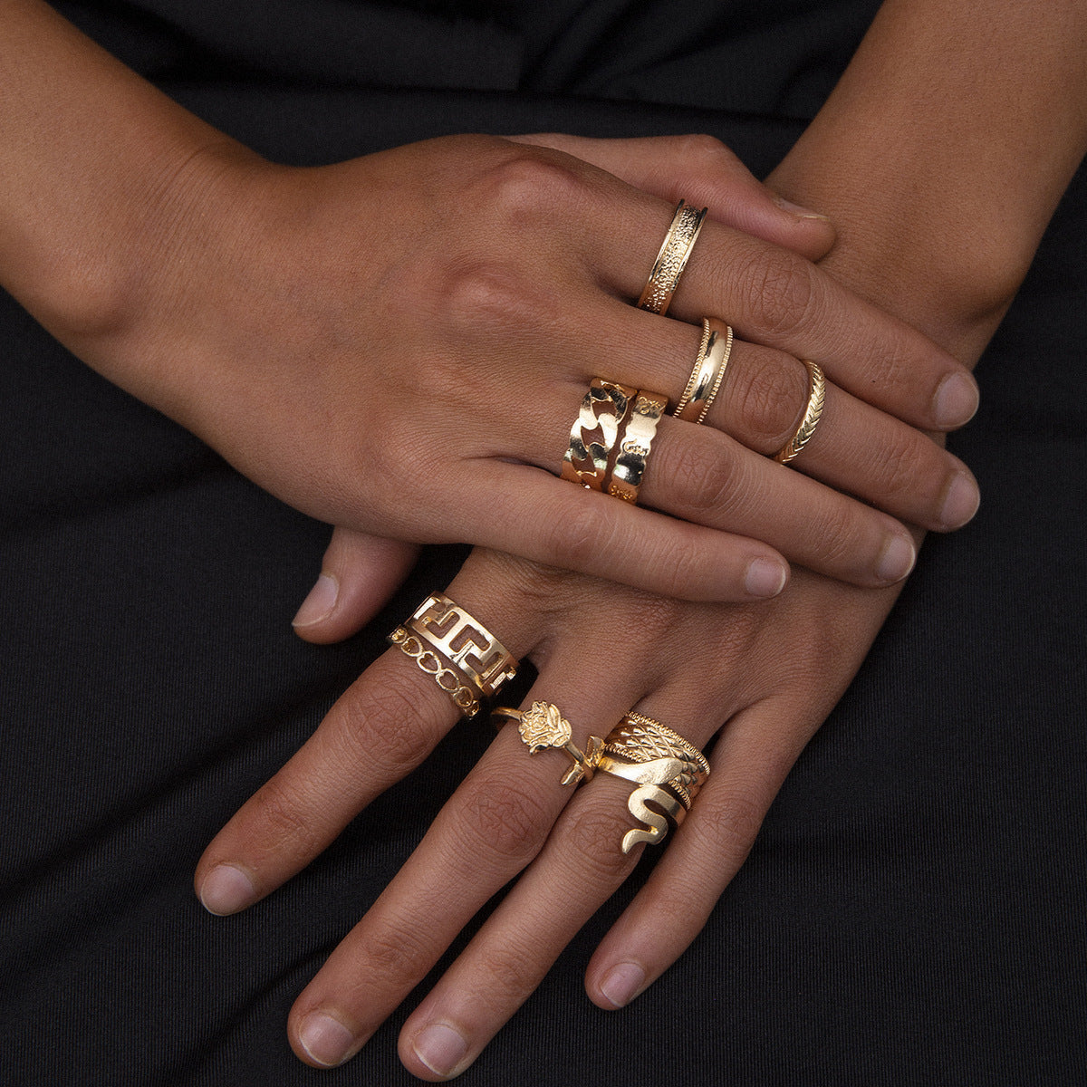 Womens Punk Geometric Diamond Ring Shaped Snake Rose Hollow Golden Flower Ring Fashion Chic Gold Accessory Now