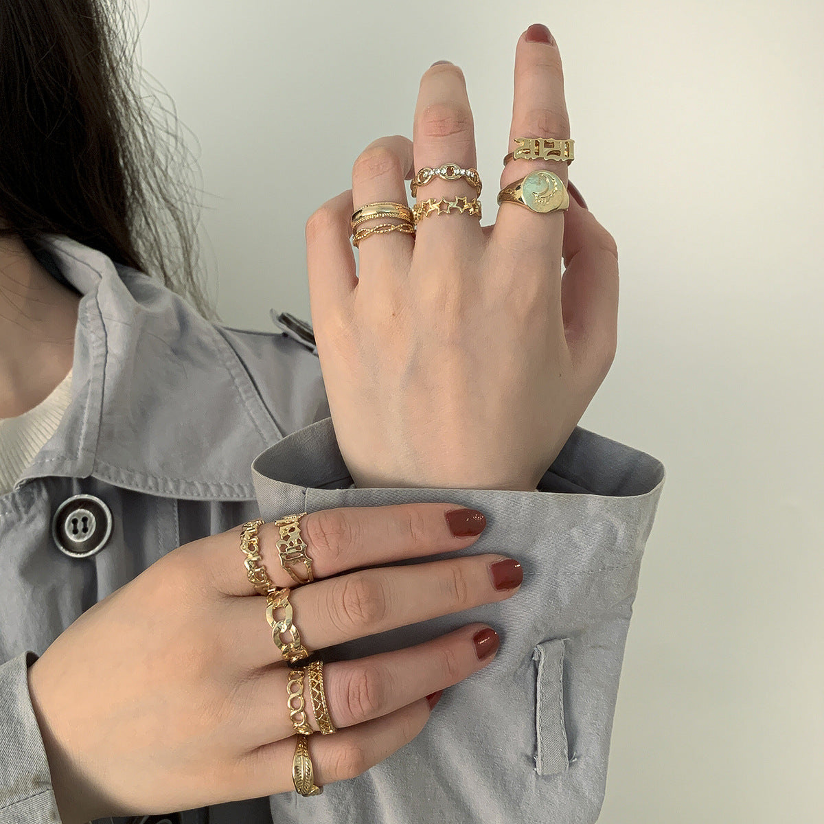 Geometric Alloy Ring Set Electroplated Hollow Rings Creative Combination Chain Rings Natural Design Fashion Jewelry