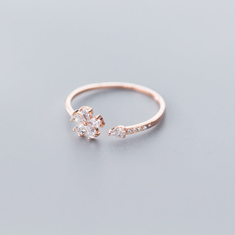 Silver Flower Ring With Diamond Water Drop Dainty Floral Jewelry Gift For Women Korean Style Jewelry Gift Glow