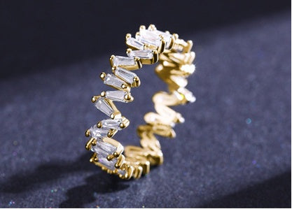 Sterling Silver Geometric Ring With Inlaid Gems 925 Silver Irregular Row Diamond Design Platinum Plated Gemset