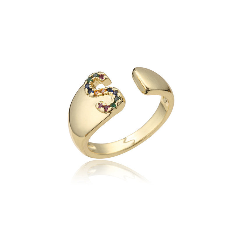 Copper Letter Ring Adjustable Opening With Zircon Micro Inlay European American Fashion Jewelry Elegant Casual