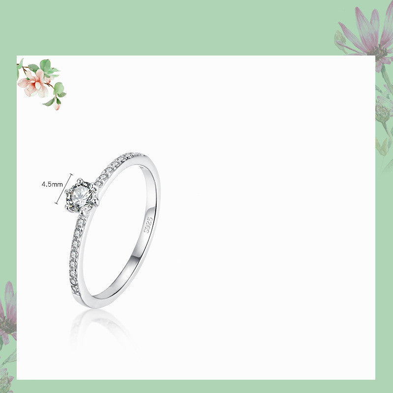 Womens Sterling Silver Ring With Zircon Gemstone Six Claw Geometric Design 925 Silver Inlaid Ring Gift For Her