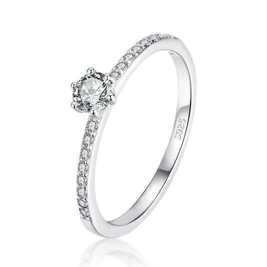 Womens Sterling Silver Ring With Zircon Gemstone Six Claw Geometric Design 925 Silver Inlaid Ring Gift For Her