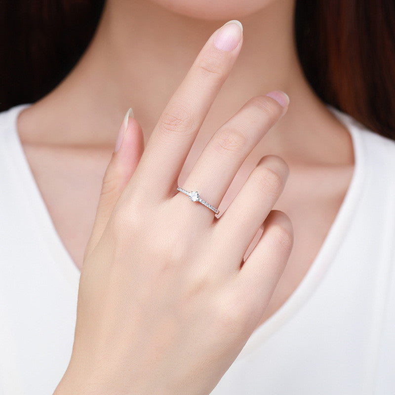 Womens Sterling Silver Ring With Zircon Gemstone Six Claw Geometric Design 925 Silver Inlaid Ring Gift For Her