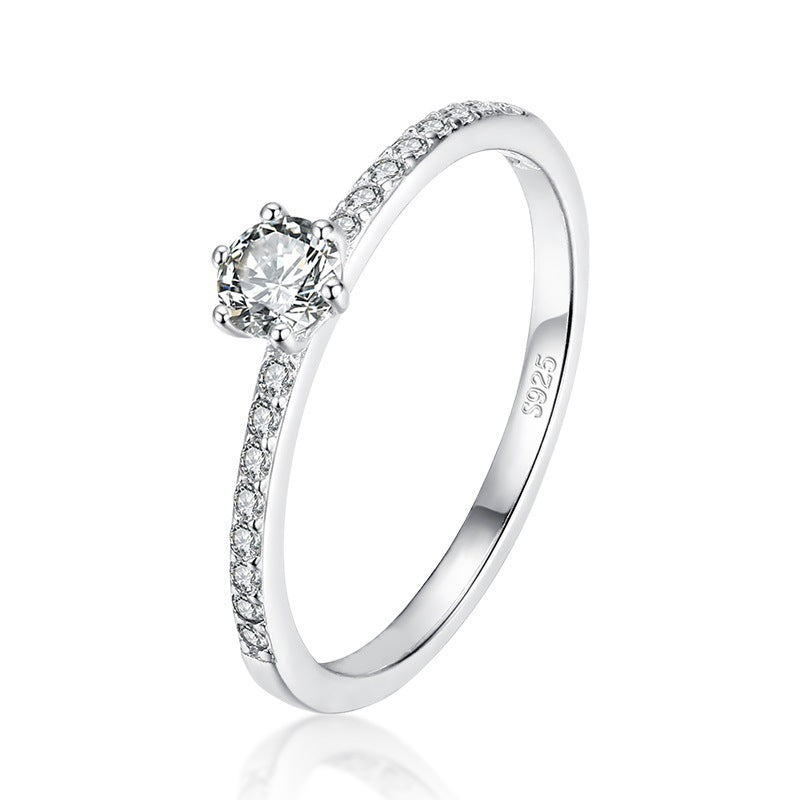 Womens Sterling Silver Ring With Zircon Gemstone Six Claw Geometric Design 925 Silver Inlaid Ring Gift For Her