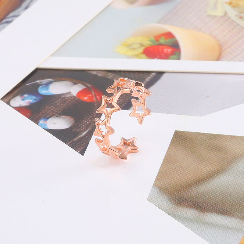 Sterling Silver Five Point Star Ring For Women Korean Style Hollow Adjustable Open Ring Simple Accessory Piece