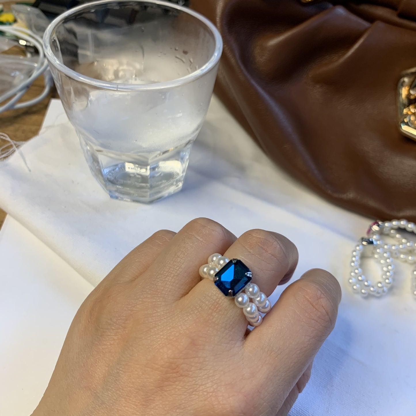 Womens Pearl Rhinestone Ring Adjustable Geometric Inlaid