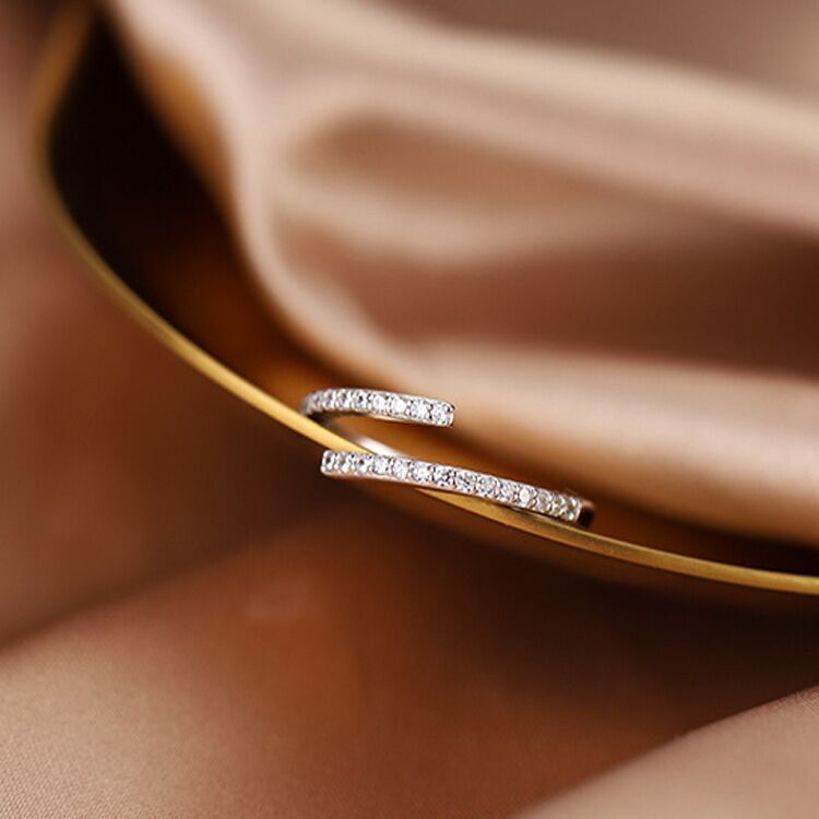 Womens Sterling Silver Ring With Diamond Accent Vintage Geometric Design Adjustable Opening 925 Silver Korean Jewelry