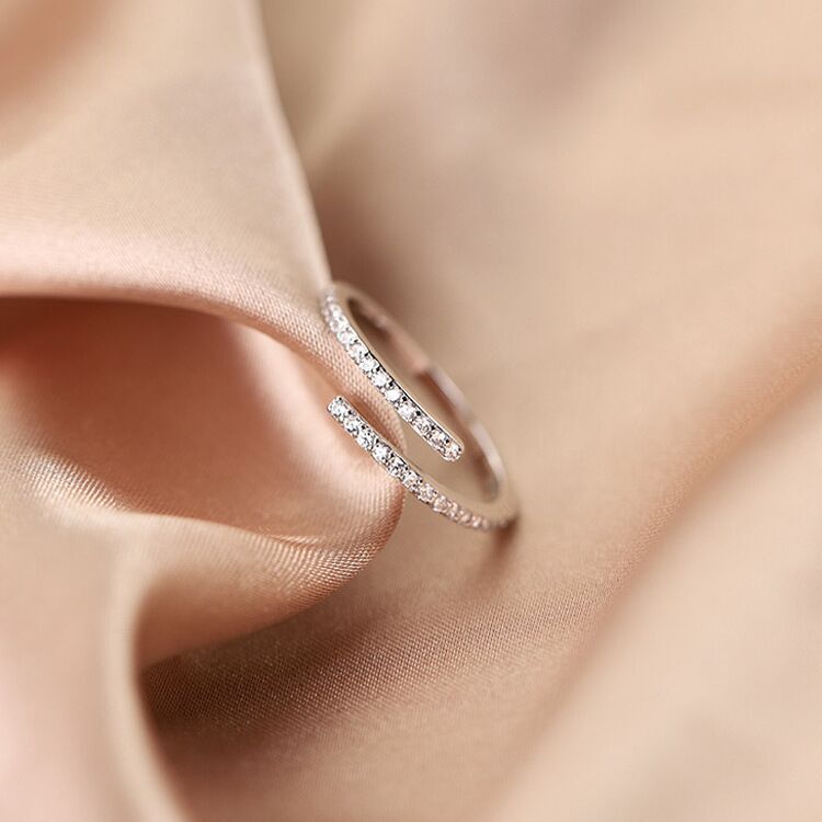 Womens Sterling Silver Ring With Diamond Accent Vintage Geometric Design Adjustable Opening 925 Silver Korean Jewelry