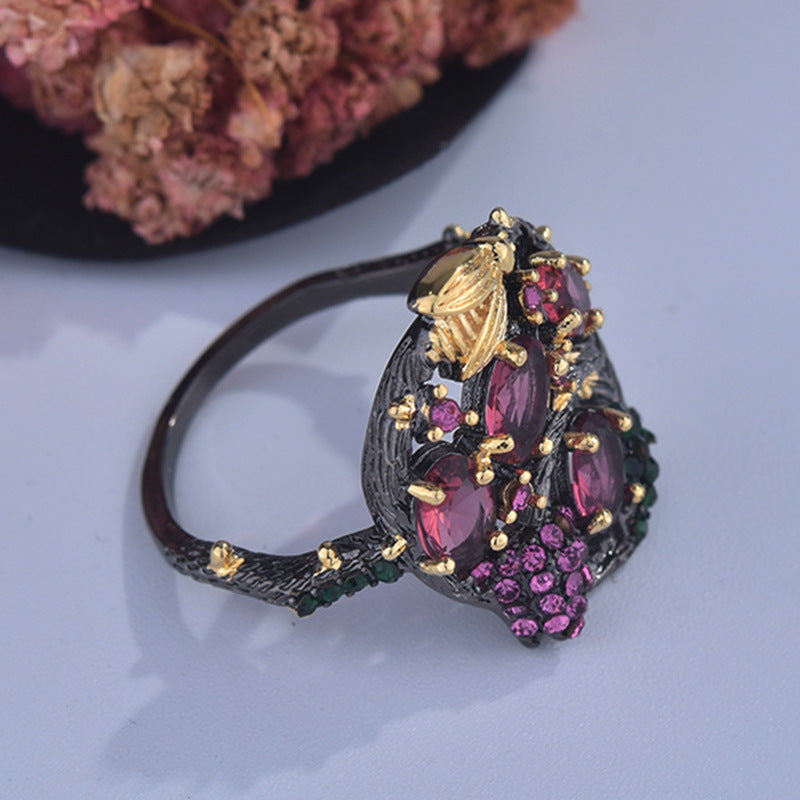 Women's Bee Ring European Gothic Copper Metal Ruby Gemstone Black Gunmetal Plated Animal Jewelry Diamond Accent